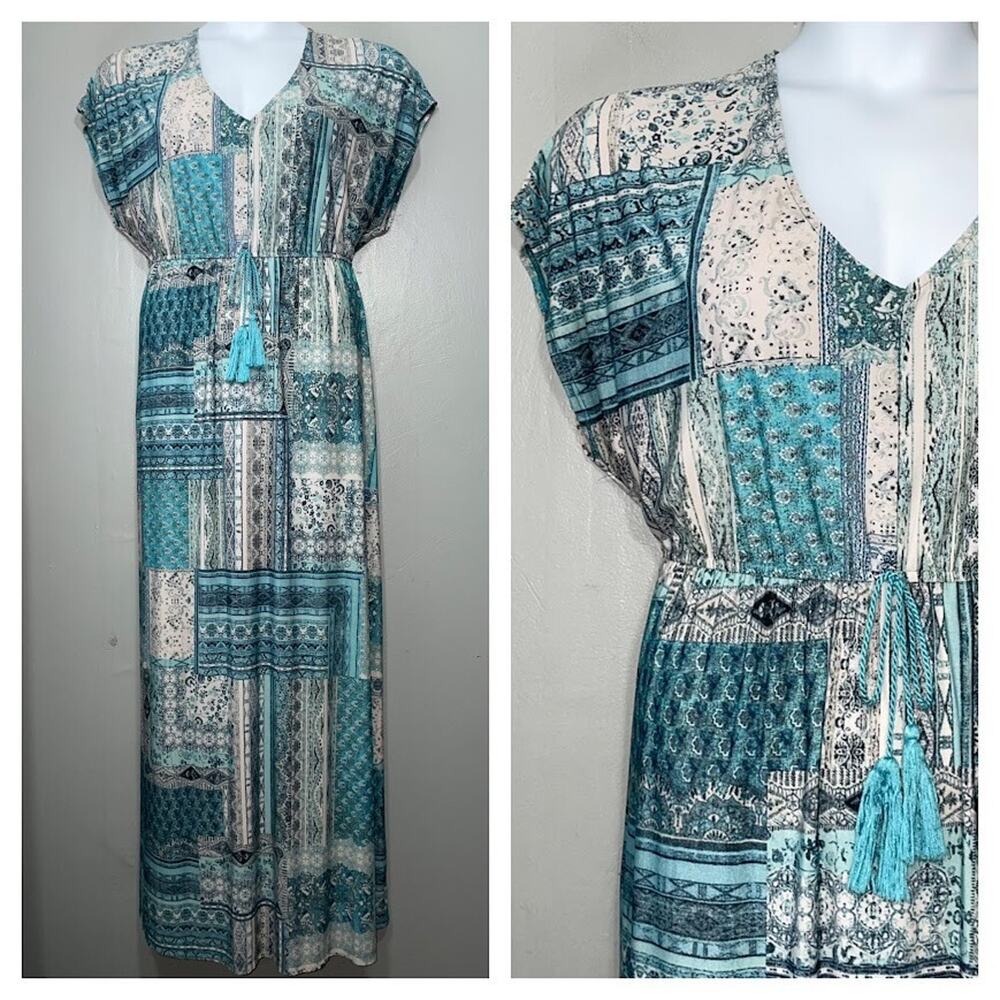 Style&Co Maxi Dress Plus Size 0X Blue Travel Patchwork Boho Summer Stretch Knit